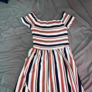 Navy Blue, Red-Orange, and White Striped Dress. Riley and James. Size Large.